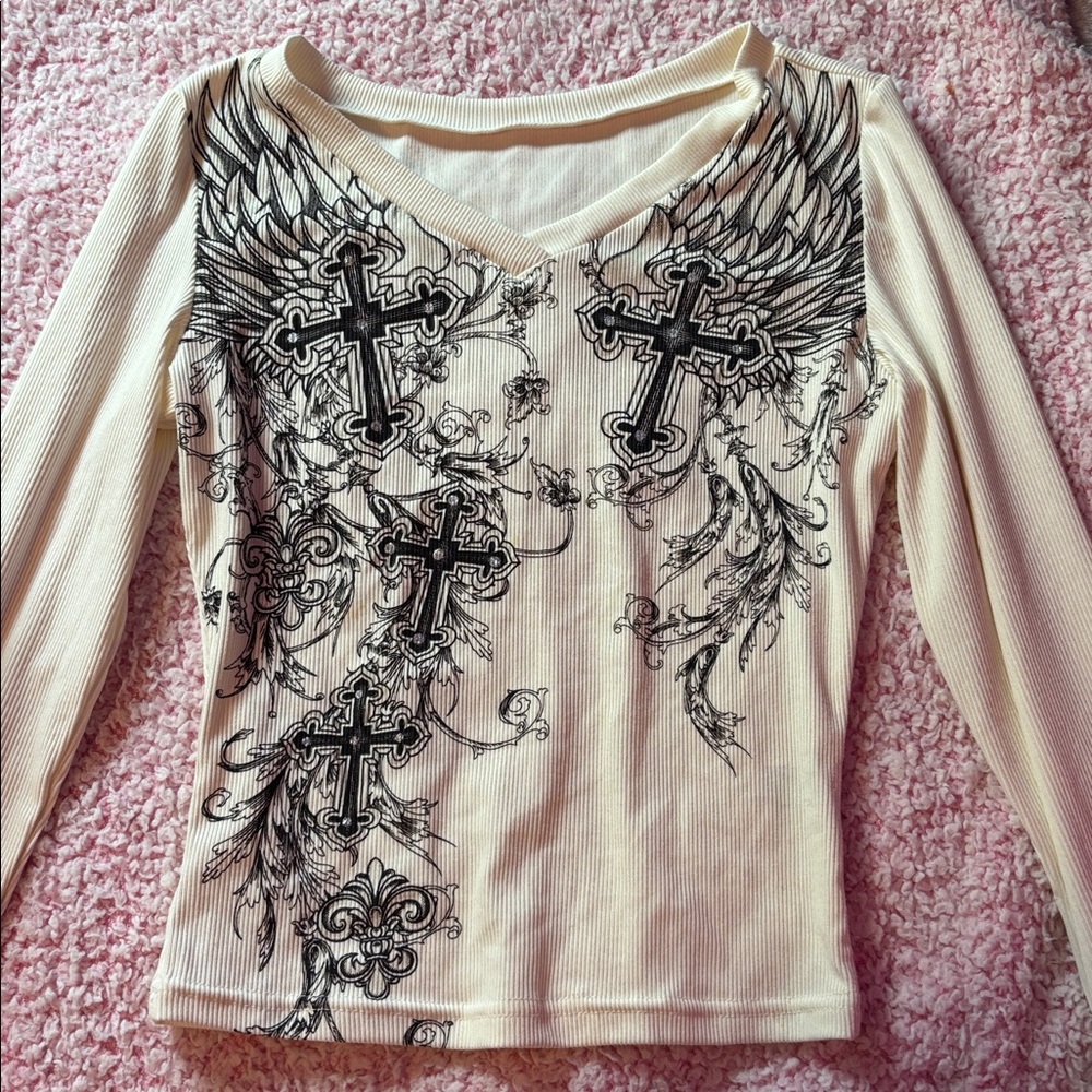 SHEIN Cream Long Sleeve Top with Black Cross Design